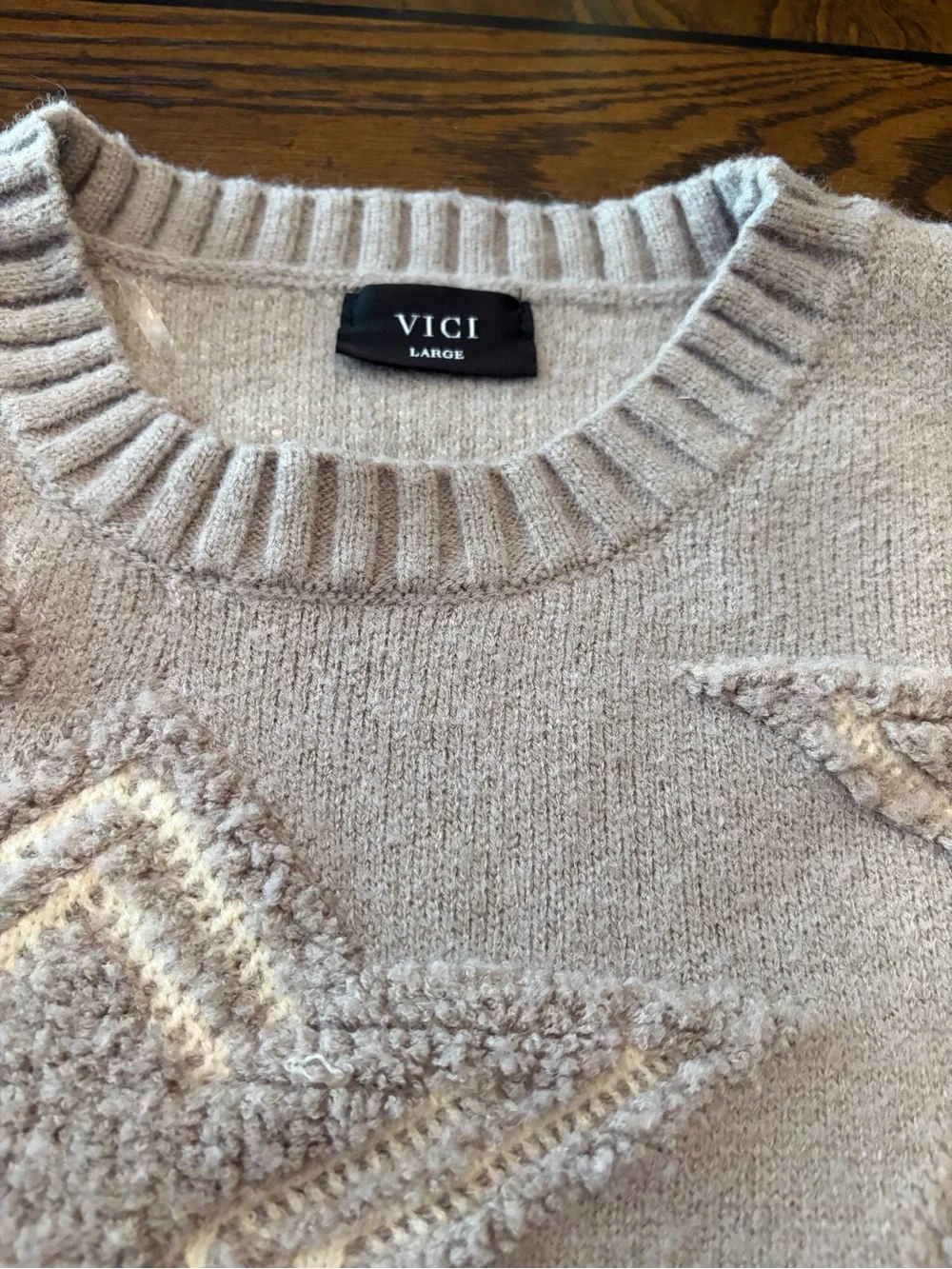 Vici Taupe Star-Detail Oversized Crewneck Sweater